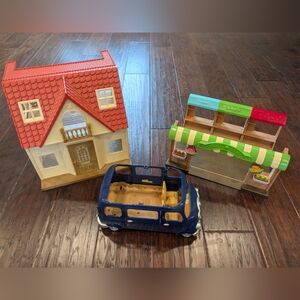 Calico Critters Sylvester Family House And Blue Vans + Farmers Market